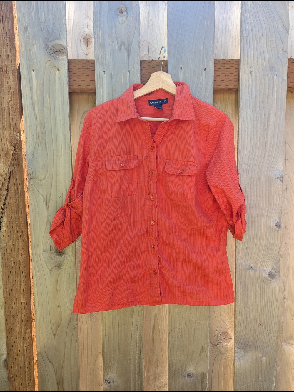 Karen Scott Bright Red/Orange Lightweight Button-Up Blouse
